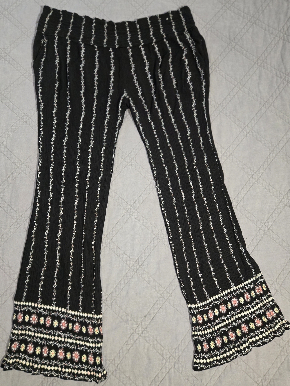 Woman's Black Boho Style Rayon  Pants With Floral Accents